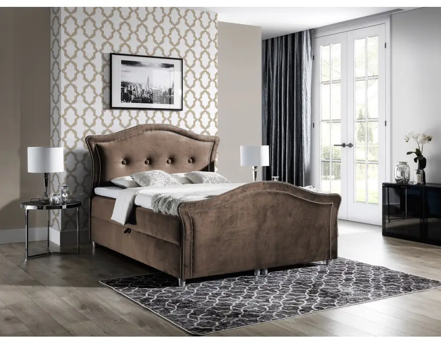 PRATO K22 stylowe łóżko kontynentalne 160x200 z pojemnikiem, srebrna tasiemką pineskowa